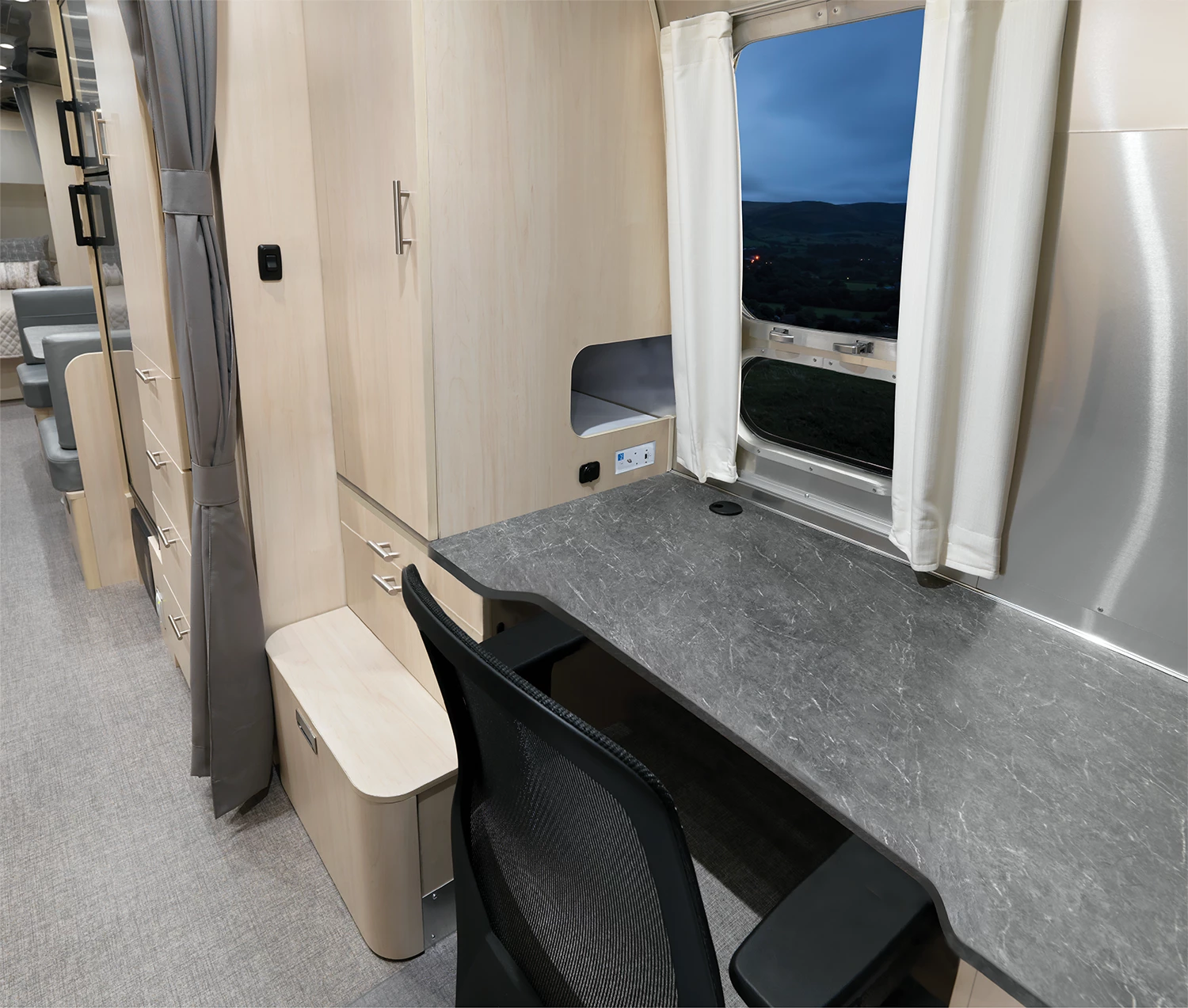 The Flying Cloud 30FB Office work space with chair stowed