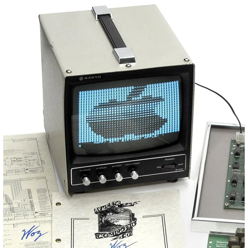 The now famous Apple logo displayed on the period black-and-white Sanyo monitor bundled with the Apple I being auctioned