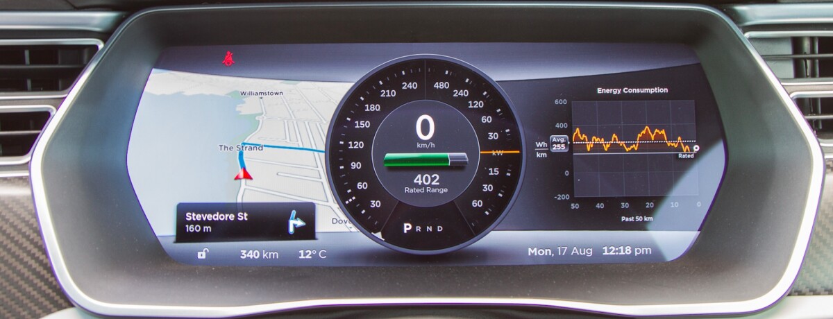 The car's driver display changes depending on what the 17-inch screen is doing