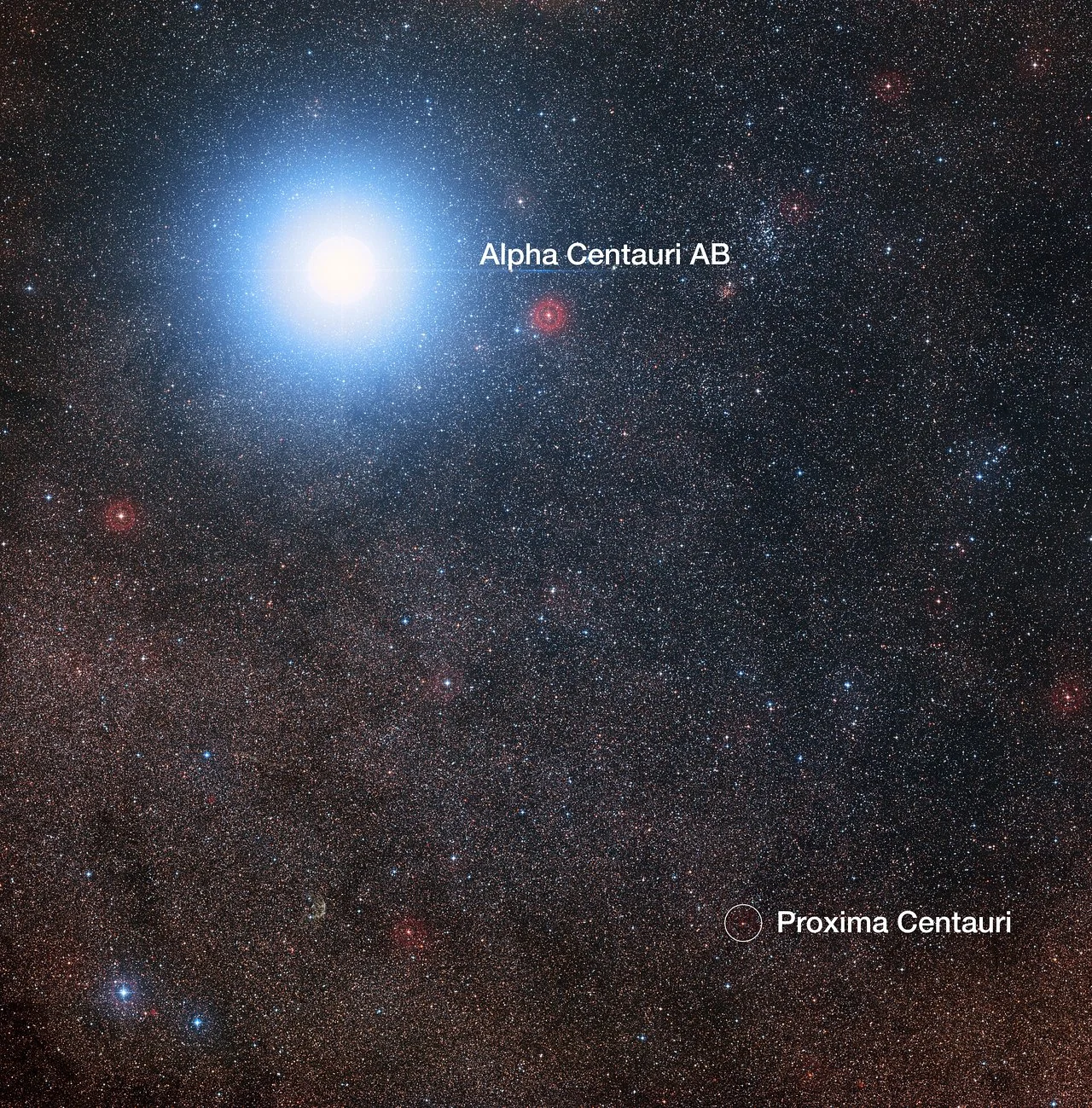 Annotated shot of the sky around Proxima Centauri