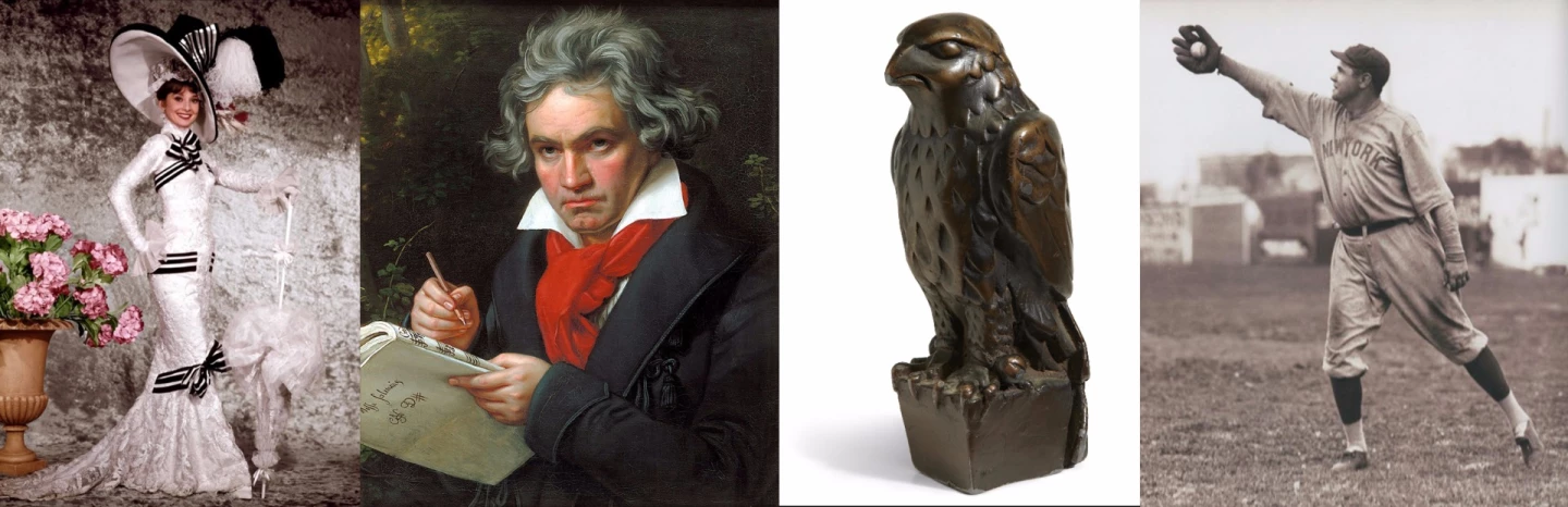 Despite its significant place in history and as a catalyst for global discovery (Christopher Columbus used these maps in his voyage to discover the New World), if this edition of Cosmographia were an automobile, its auctioned price of $3,966,804 would not see it in our top 100 most valuable cars listing. If it were a wristwatch, it would not get a place in the top 10 most valuable wristwatches ever sold. It also failed to reach the auction prices achieved by Audrey Hepburn's Ascot dress from the feature film 'My Fair Lady' ($4,400,000 - above left), The Maltese Falcon from the movie of the same name ($4,085,000 for the lead movie prop which was made from lead - second from right), and Babe Ruth's 1920 Baseball Jersey ($4,415,658 - above right)