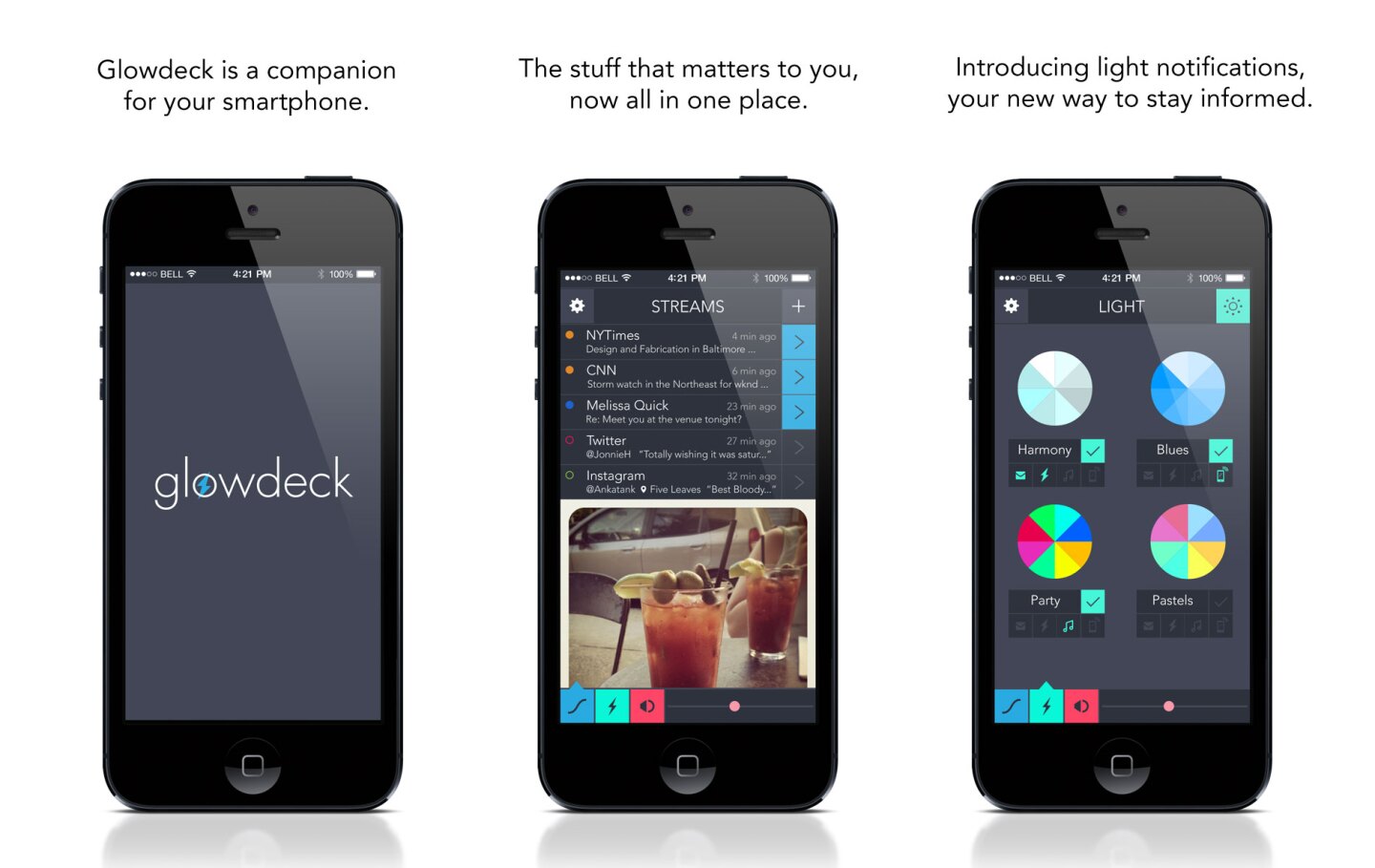 The companion iOS/Android app can be used to control lighting, or select which notifications appear on Glowdeck's LCD display