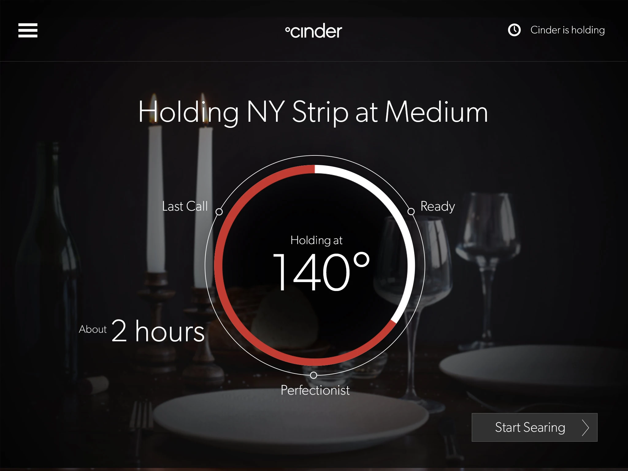 The Cinder Sensing Cooker app showing food status