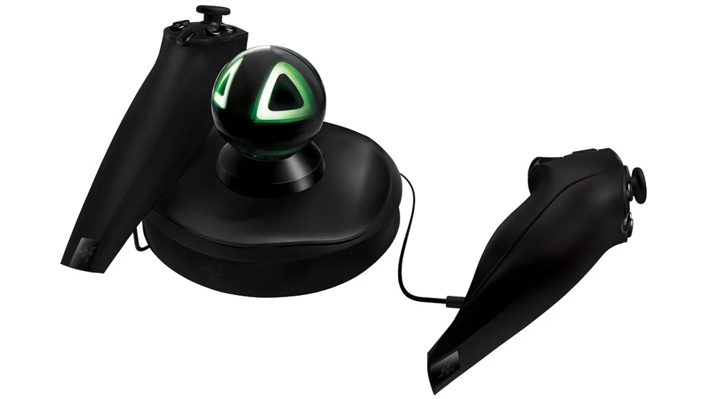 The Razer Hydra base station and two motion sensing controllers