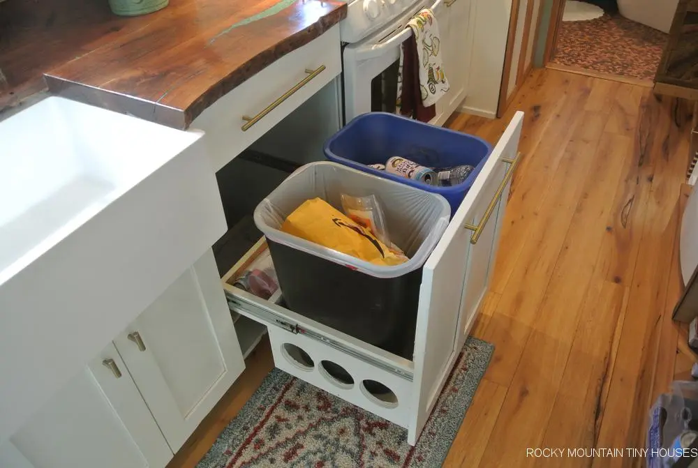 The San Juan Tiny House's kitchen cabinets are custom made