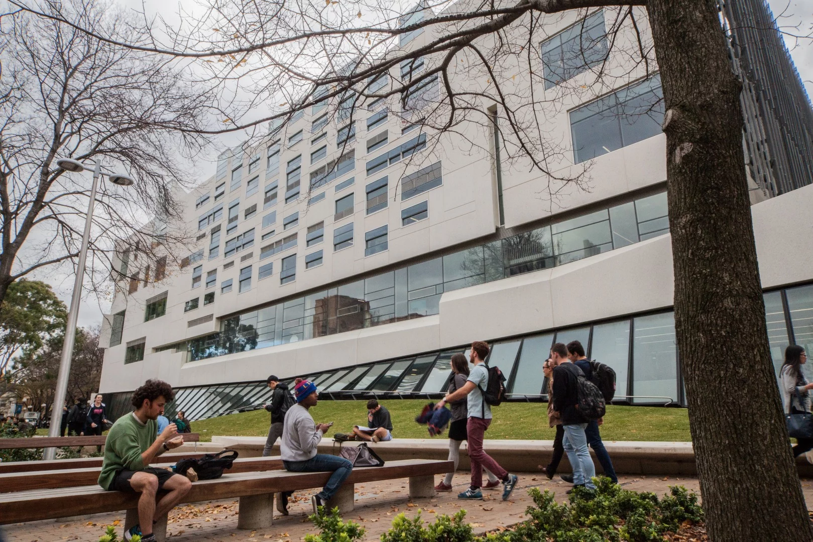 On the exterior, the library is shrouded with a man-made rolling lawn, which stretches along the south side of the structure
