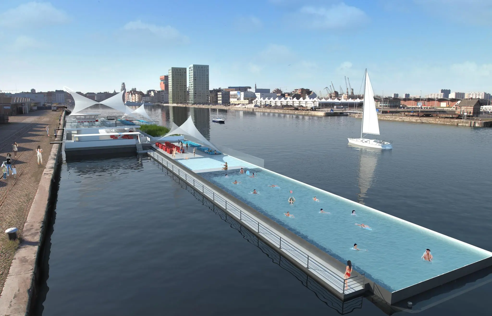 Adapted from a 1960s ferry, the 120-meter long Badboot floating lido is set to open this August in Antwerp, Belgium
