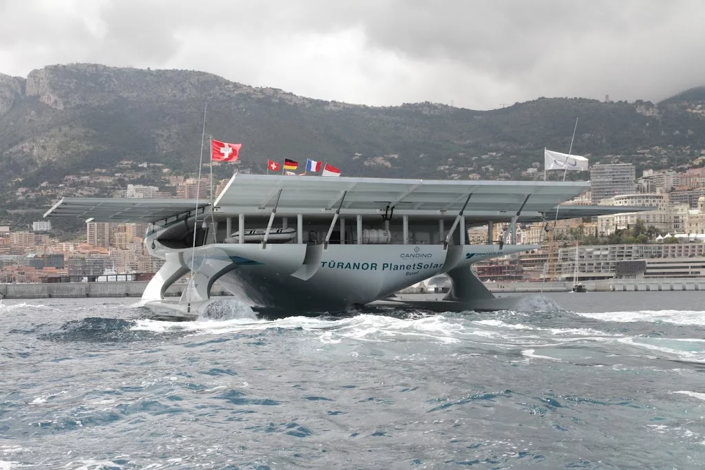 The TURANOR PlanetSolar, as it enters Monaco's Hercule Harbor