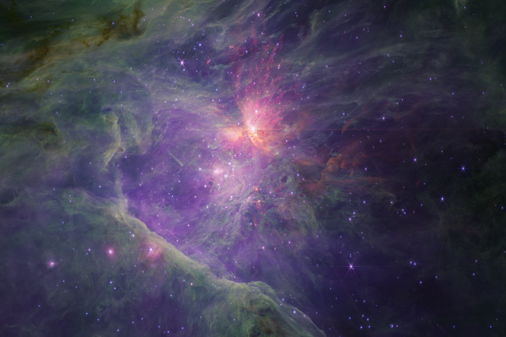An image of the Orion Nebula as seen through James Webb's Near-Infrared Camera's (NIRCam) long-wavelength channel