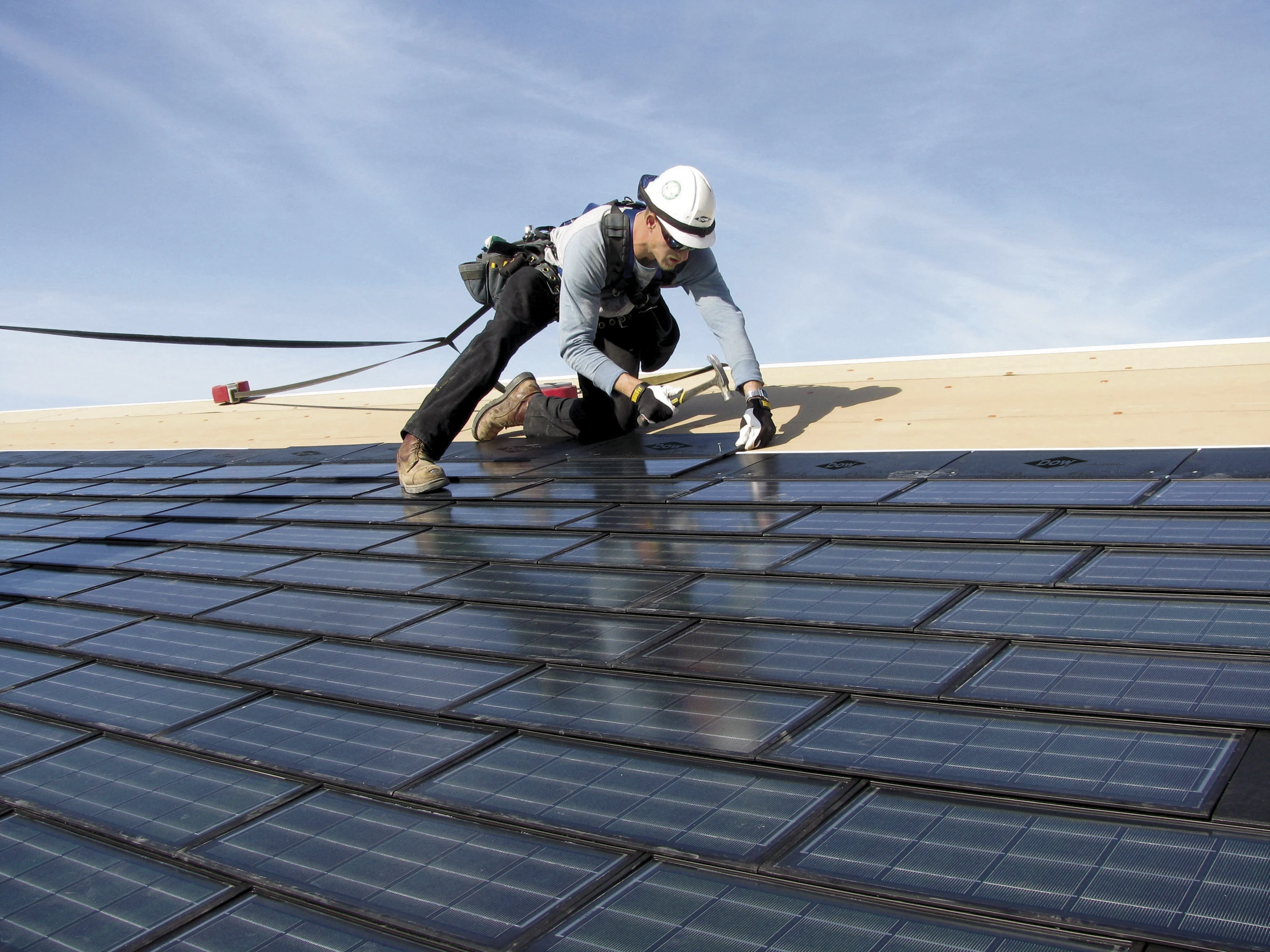 DOW POWERHOUSE Solar Shingles are installed like regular asphalt shingles, by authorized roofers