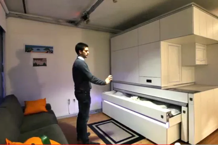The CityHome project solves typical spatial issues with hidden amenities controlled by hand gestures, interactive touch elements and voice commands