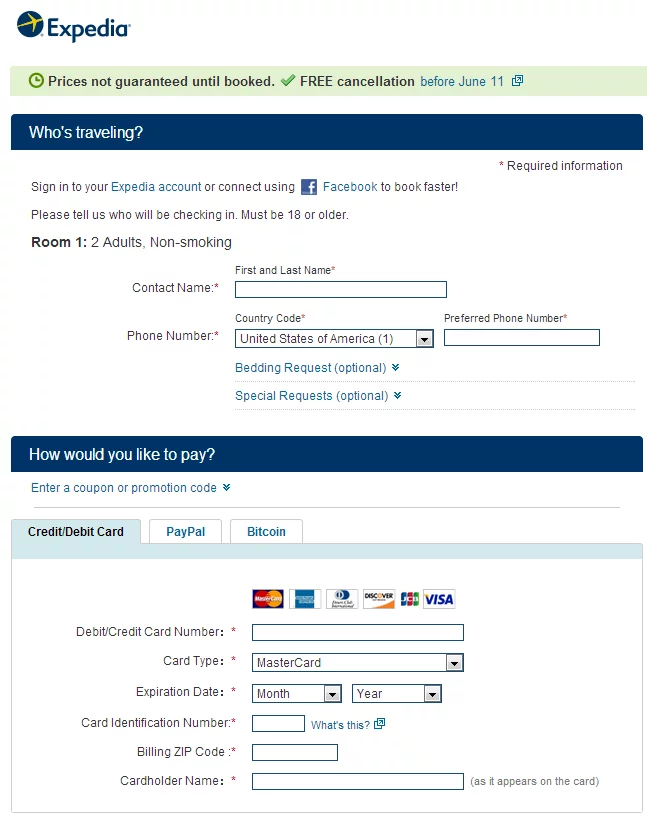 Expedia site window with bitcoin checkout option