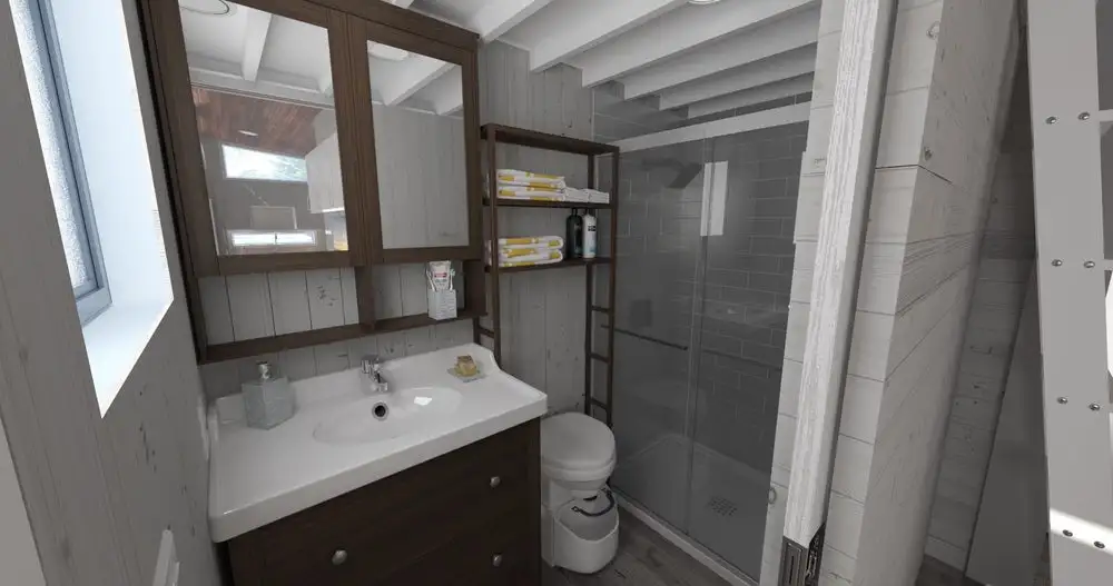 Zero Squared offers off-grid options for the Aurora tiny house at cost, including a solar power package and a composting toilet
