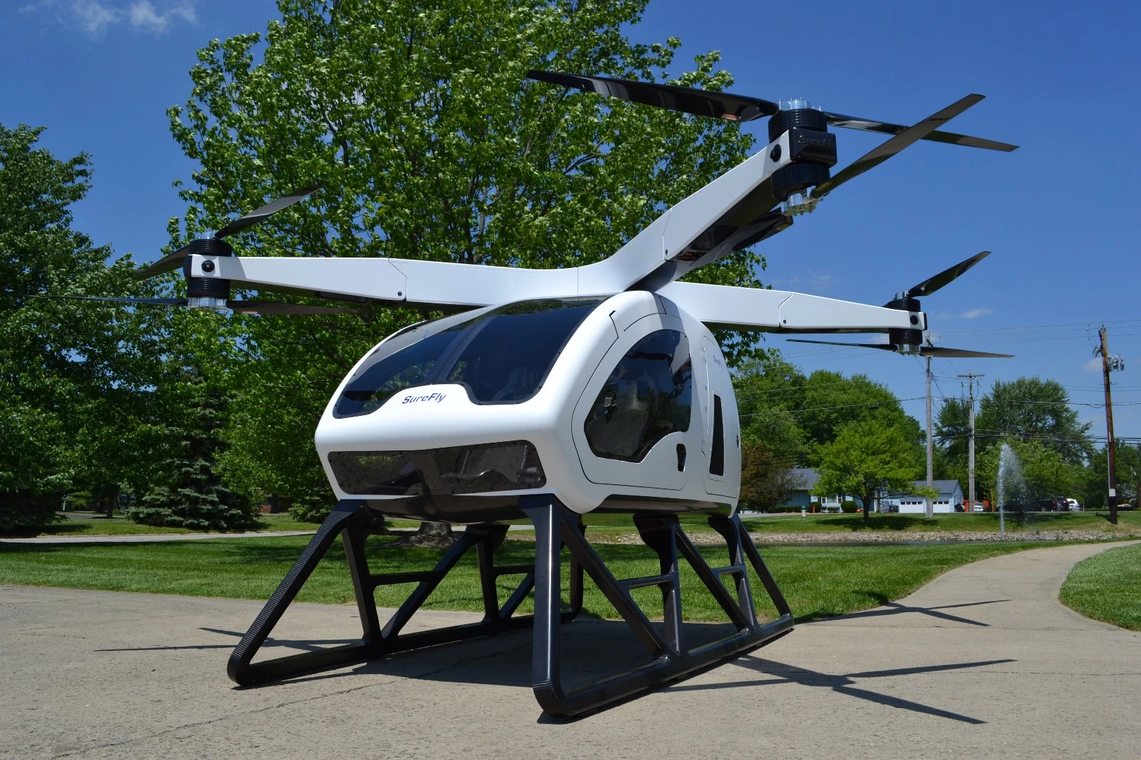 The Surefly passenger drone is designed to use a mix of diesel and electricity to cover a range of approximately 70 mi ( 112 km)