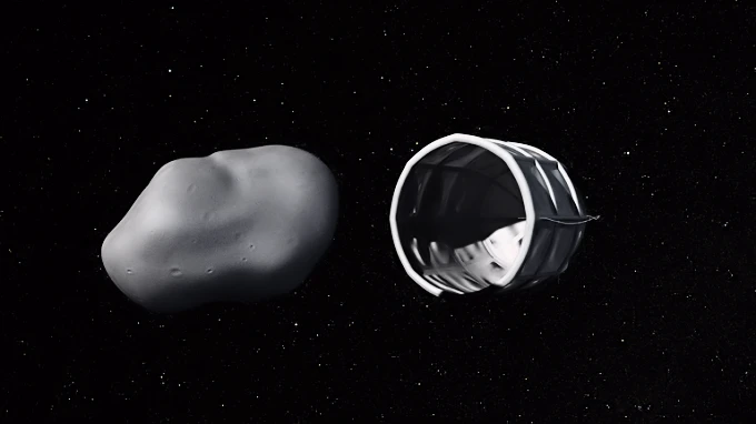 Mining robot preparing to envelop and extract water from an asteroid