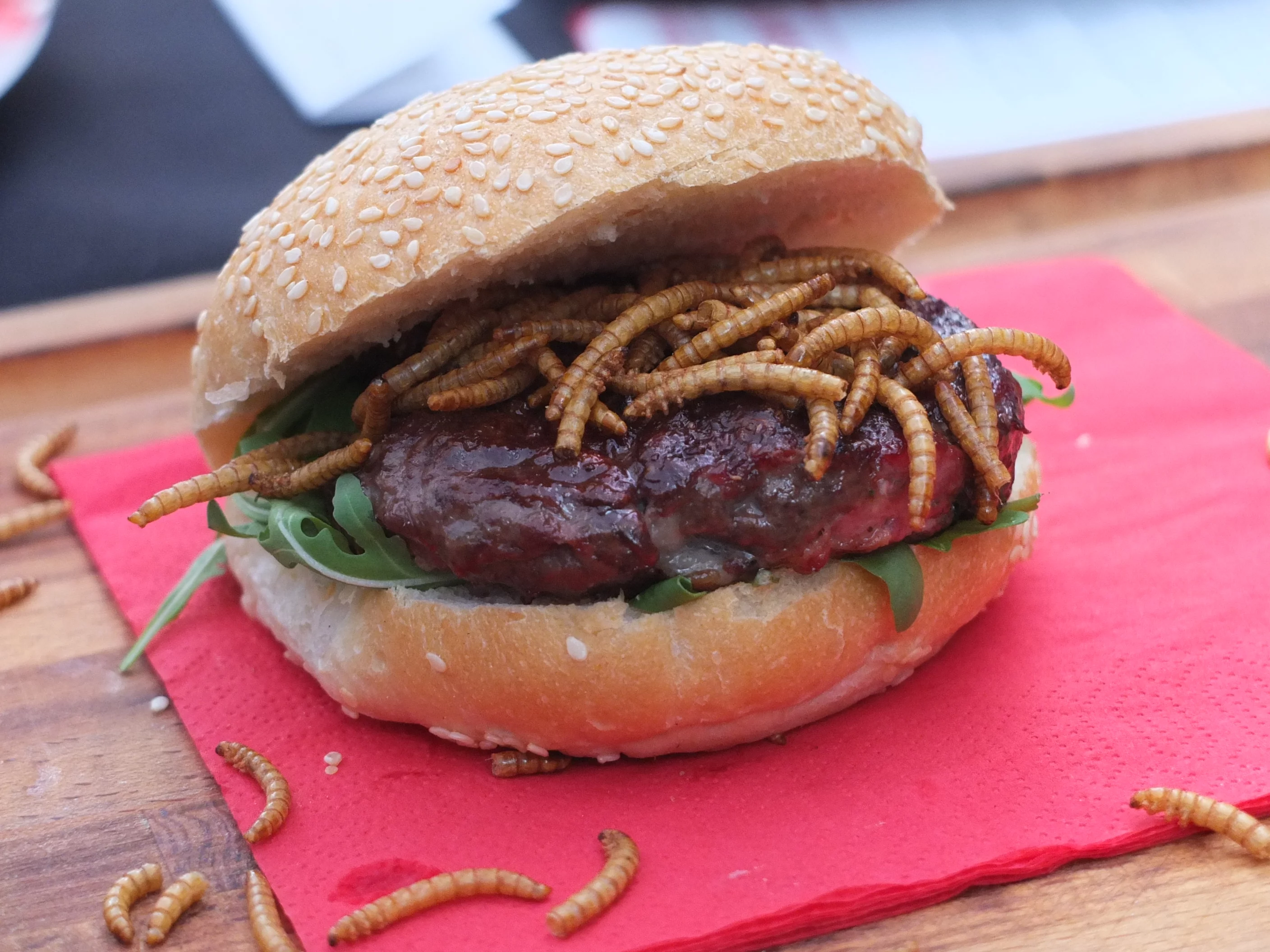 You want flies with that? Mealworms on a pigeon burger at Rentokil's pop-up "pestaurant" (Photo: Gizmag)