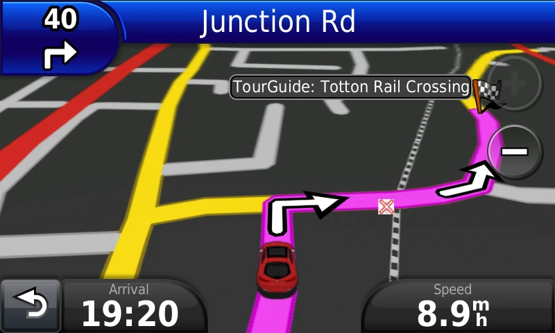A train-like whistle will sound on approaching a level crossing, with a large X marking the intersection