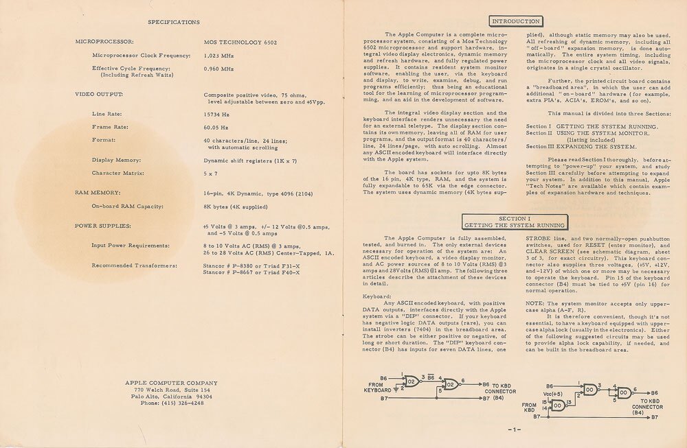 The inside cover and first page of the rare 1976 operation manual showing the specs of the system. Note the maximum RAM capacity of 8 kilobytes, which contrasts with the 16 gigabyte RAM capacity for the entry-level MacBook Pro released this week