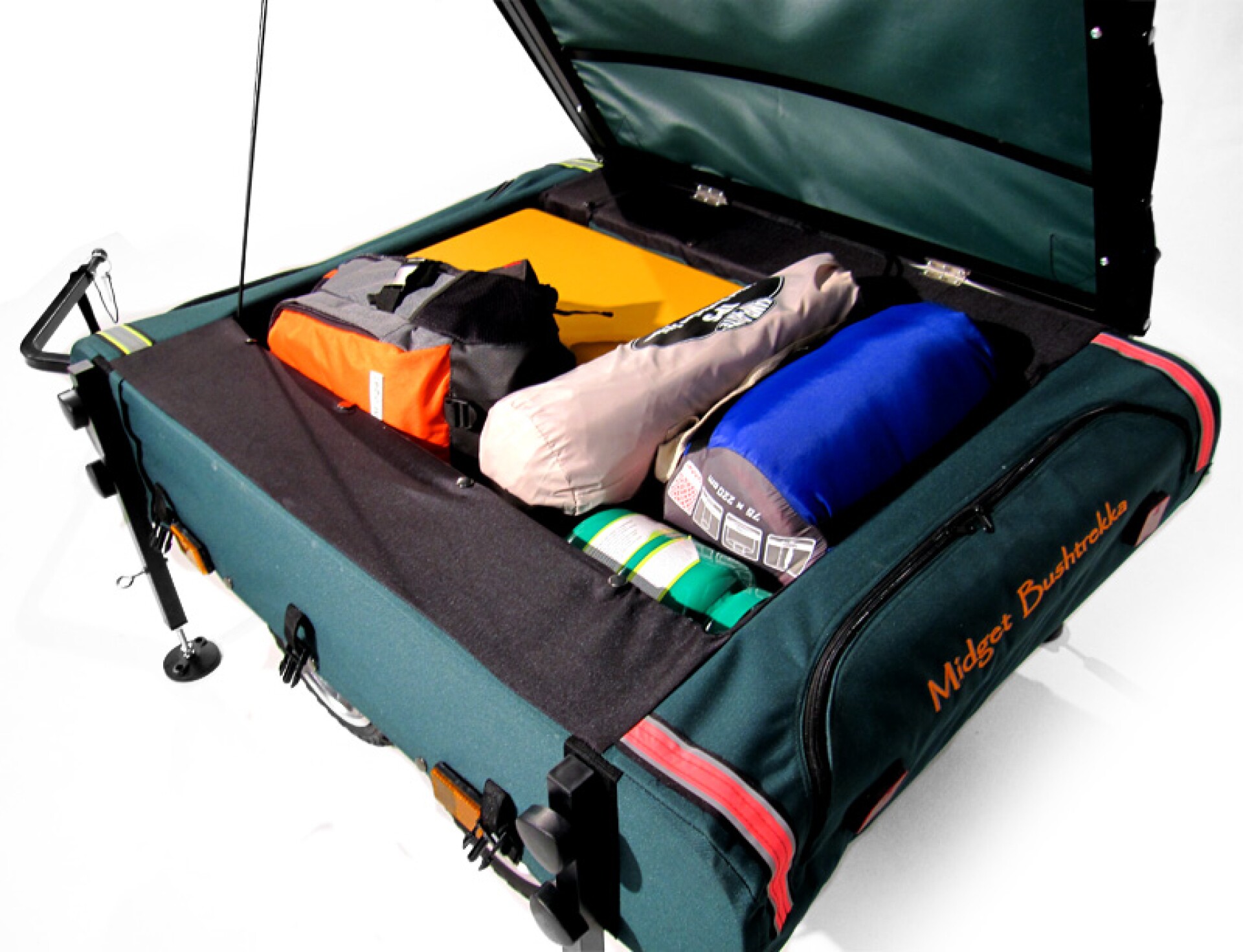 Midget Bushtrekka bicycle trailer with tent affords aboveground sleeping