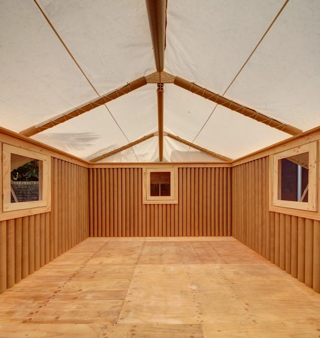 The walls of this early work by Shigeru Ban comprise diameter paper tubes and fabric tenting material was used on the roof