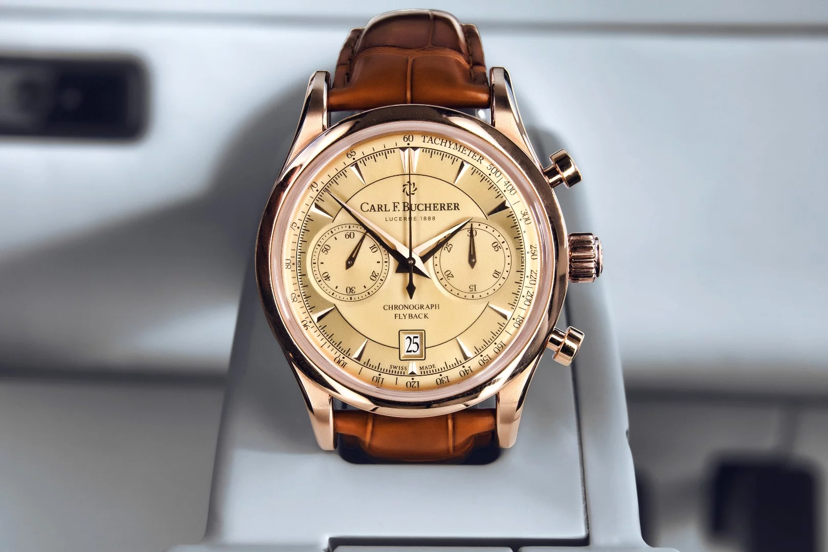 Rinspeed has a history of integrating Carl F. Bucherer watches, and here it's the Manero Flyback