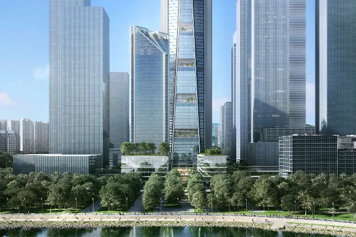 The tallest China Merchants Bank HQ tower will reach a height of 350 m (1,148 ft)