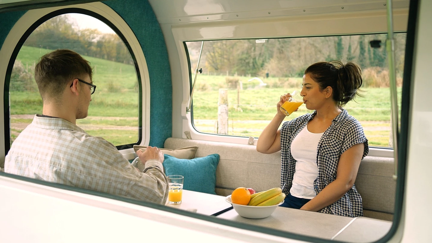 The four-seat dining area converts over into the Campod's double bed