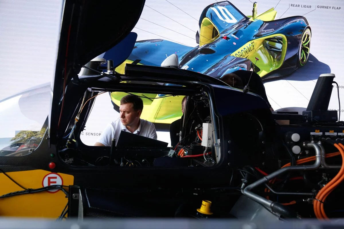 DevBot 2 serves as a test mule for future autonomous racing championships, and as such looks nothing like the futuristic vision behind it