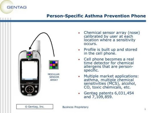 Slide from a Gentag presentation outlines a person-specific Asthma Prevention Phone