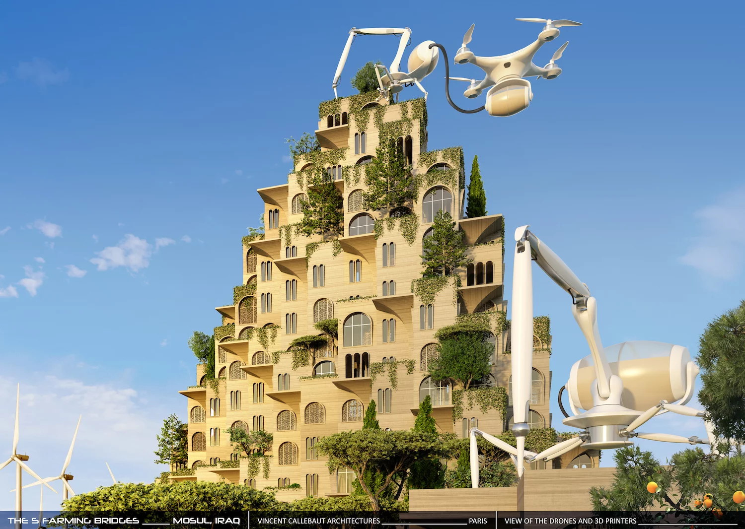 "Five 3D printers in the form of articulated spiders will allow the construction of 30 houses per day, or nearly 55,000 housing units in five years spread over the five bridges," says Vincent Callebaut Architectures