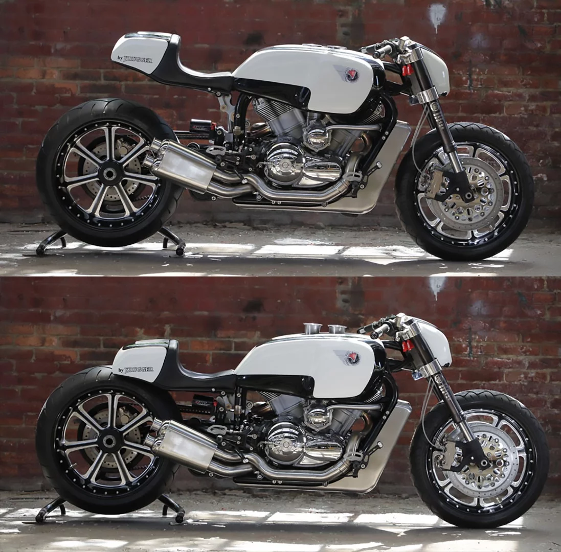Named the Veon, the bike used a Harley-Davidson V-Rod motor and was built with an electronically adjustable frame system which enabled the bike to transform from racer to cruiser. In racer mode, the bike has a steep 23 degree rake, 3.1 inch trail and 60.4 inch wheelbase for nimble handling. In cruiser mode, the rake is 30 degrees, the trail 4.7 inches and the wheelbase is 63.4 inches, offering great highway stability.