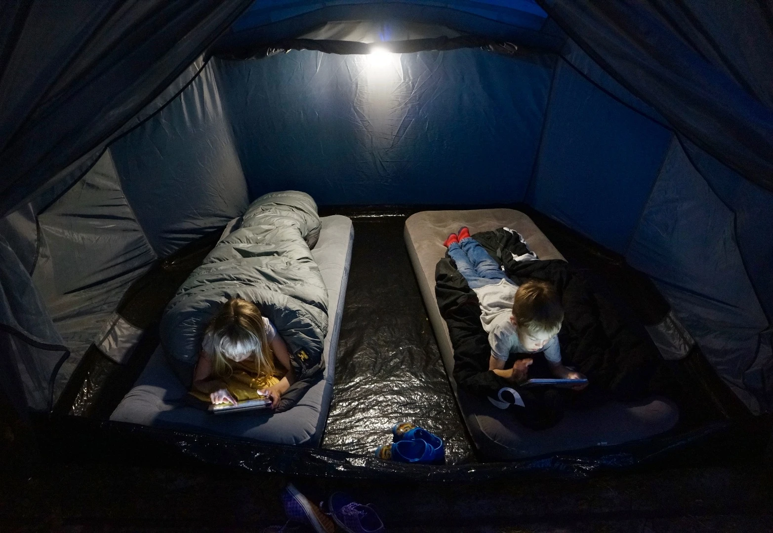 The tent is designed to sleep a family of four, though it looks a little comfier this way