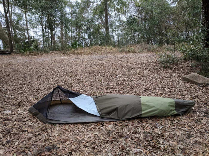 When it comes time to setup camp, the BivyPack's carbon fiber frame slides out and expands the bivy as it goes