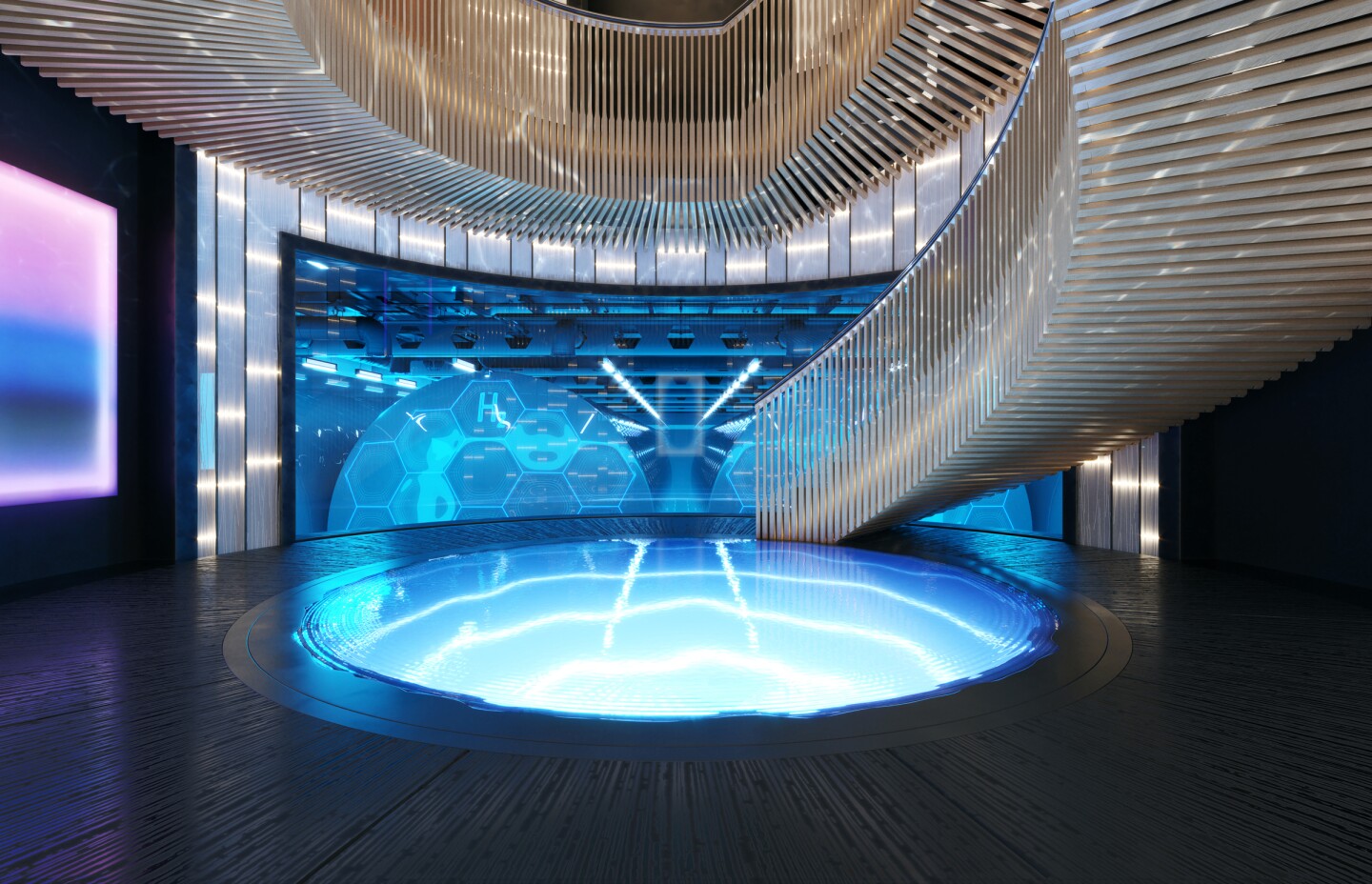 Follow the spiral staircase down to the bottom level to see the Aqua's two enormous, glowing hydrogen tanks