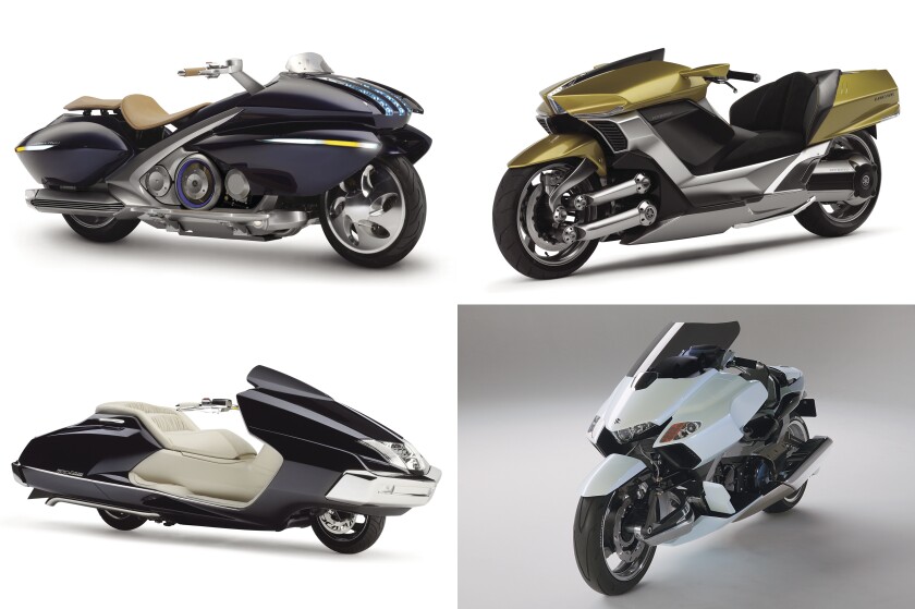 From top left clockwise: Yamaha's Gen-Ryu Hybrid Concept (2005), Yamaha's Luxair Hybrid Concept (2007), Suzuki's G-Strider Concept (2003) and Yamaha's Maxam 3000 Concept (2005) all explored feet-first riding positions