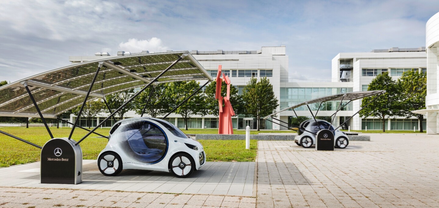 In Daimler's vision, each Smart Vision EQ ForTwo heads to charge up when it's not out picking up customers