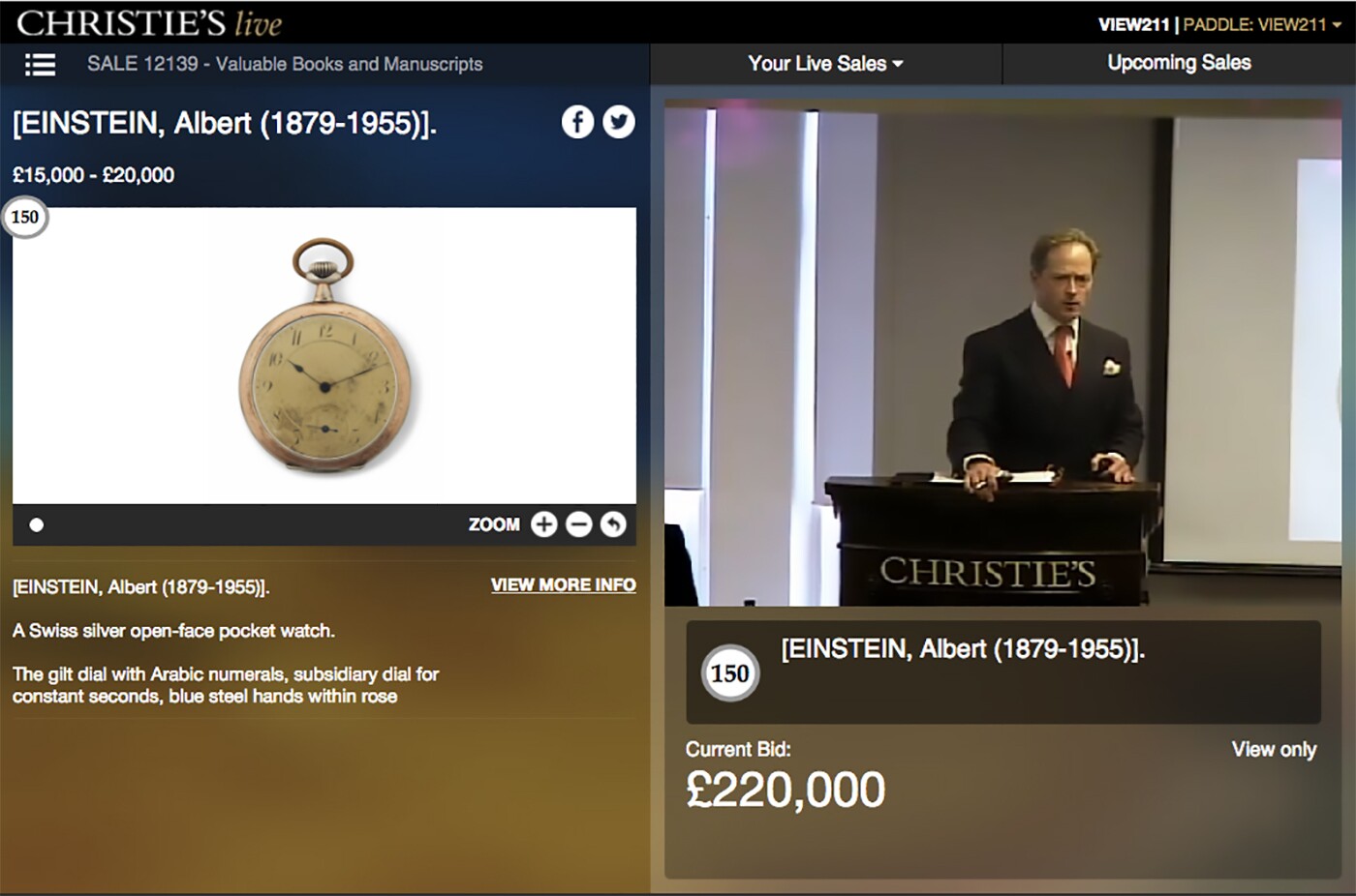 Einstein's pocket watch fetched more than ten times it's estimate. Predicted by Christies to sell for between £15,000 and £20,000, bidding kept going all the way to a hammer price of £220,000 which translated into £266,500 with buyers premium added and a final result in USD of $352,054.