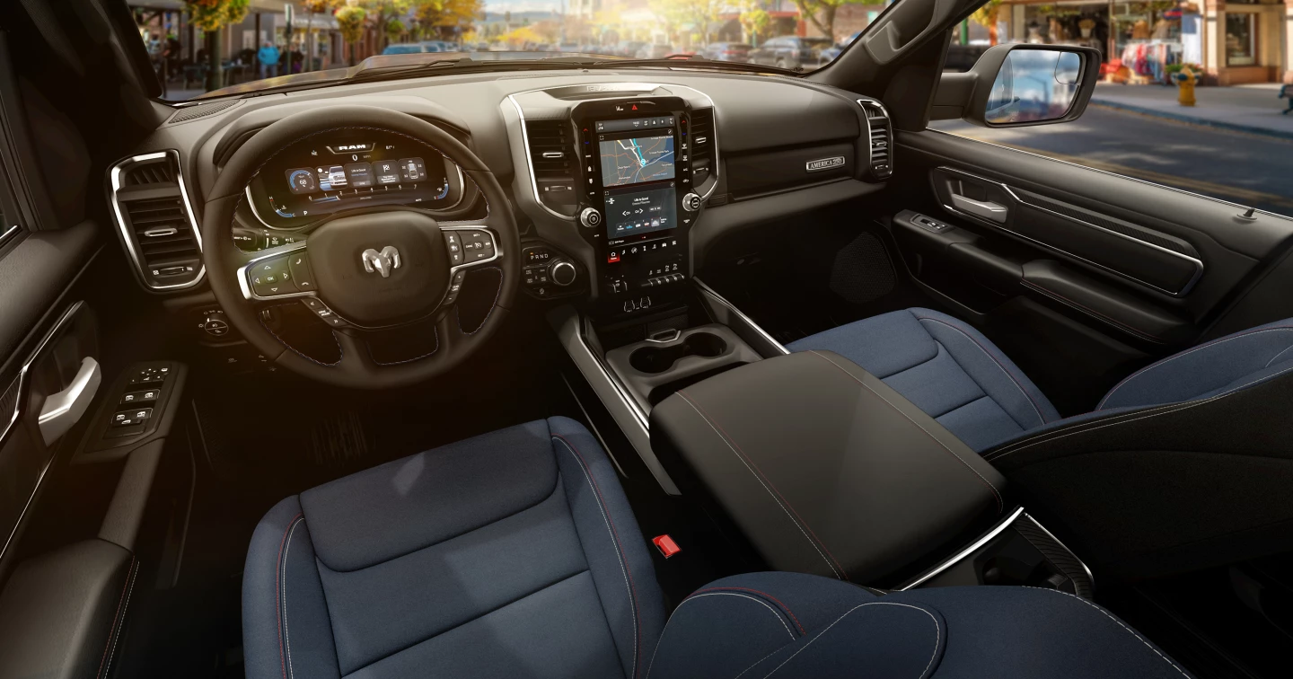 Options in the mid- and high-trim 2026 Ram 1500 include a huge infotainment screen as shown here