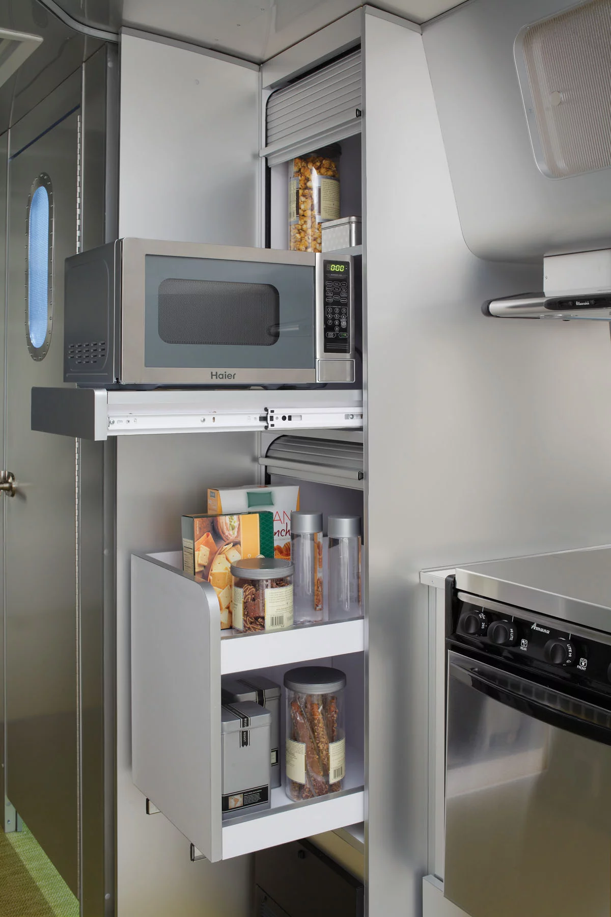 Aluminum adorns surfaces all over the International Sterling interior