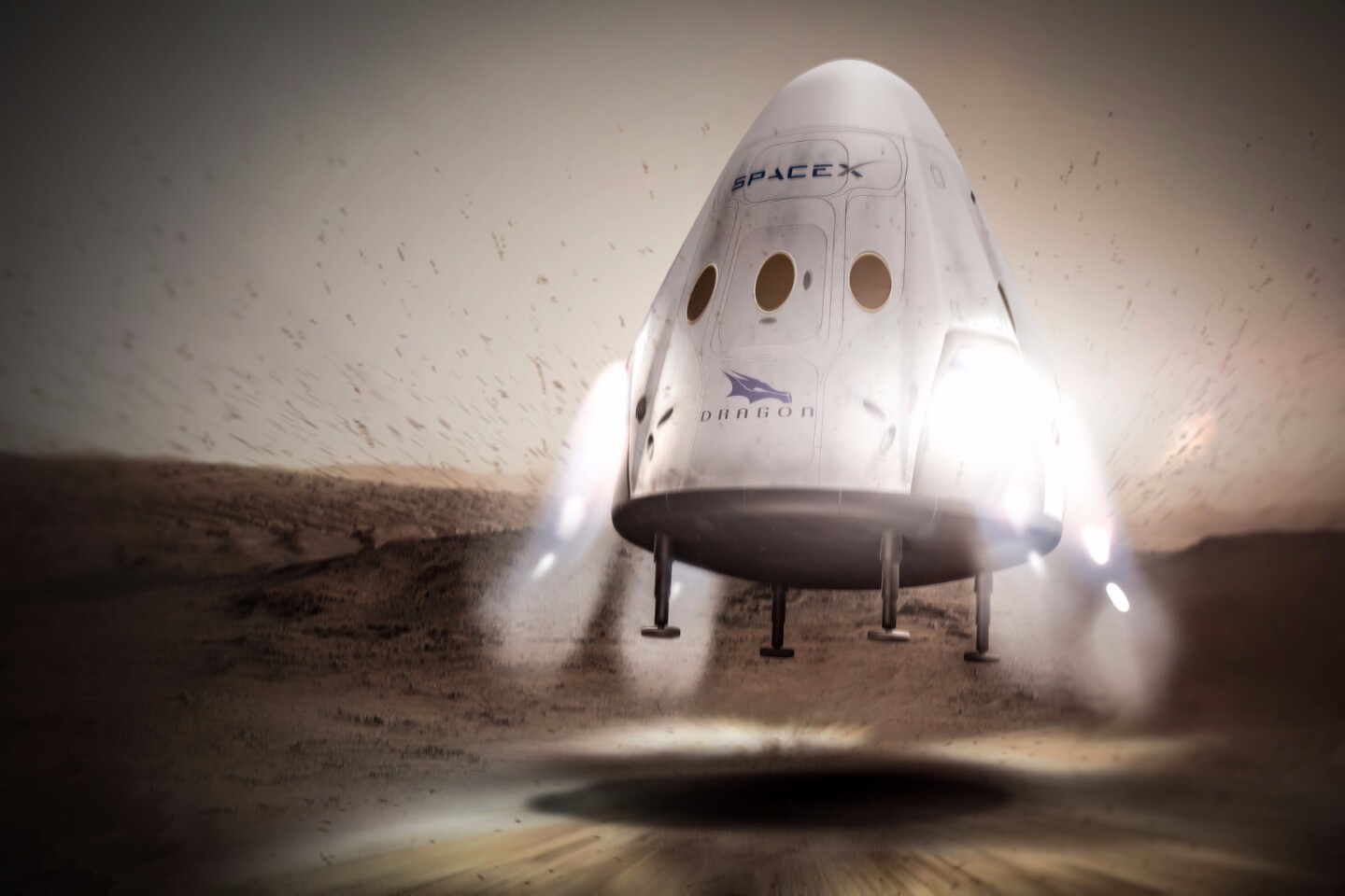 Artist's concept of a SpaceX Dragon touching down on Mars