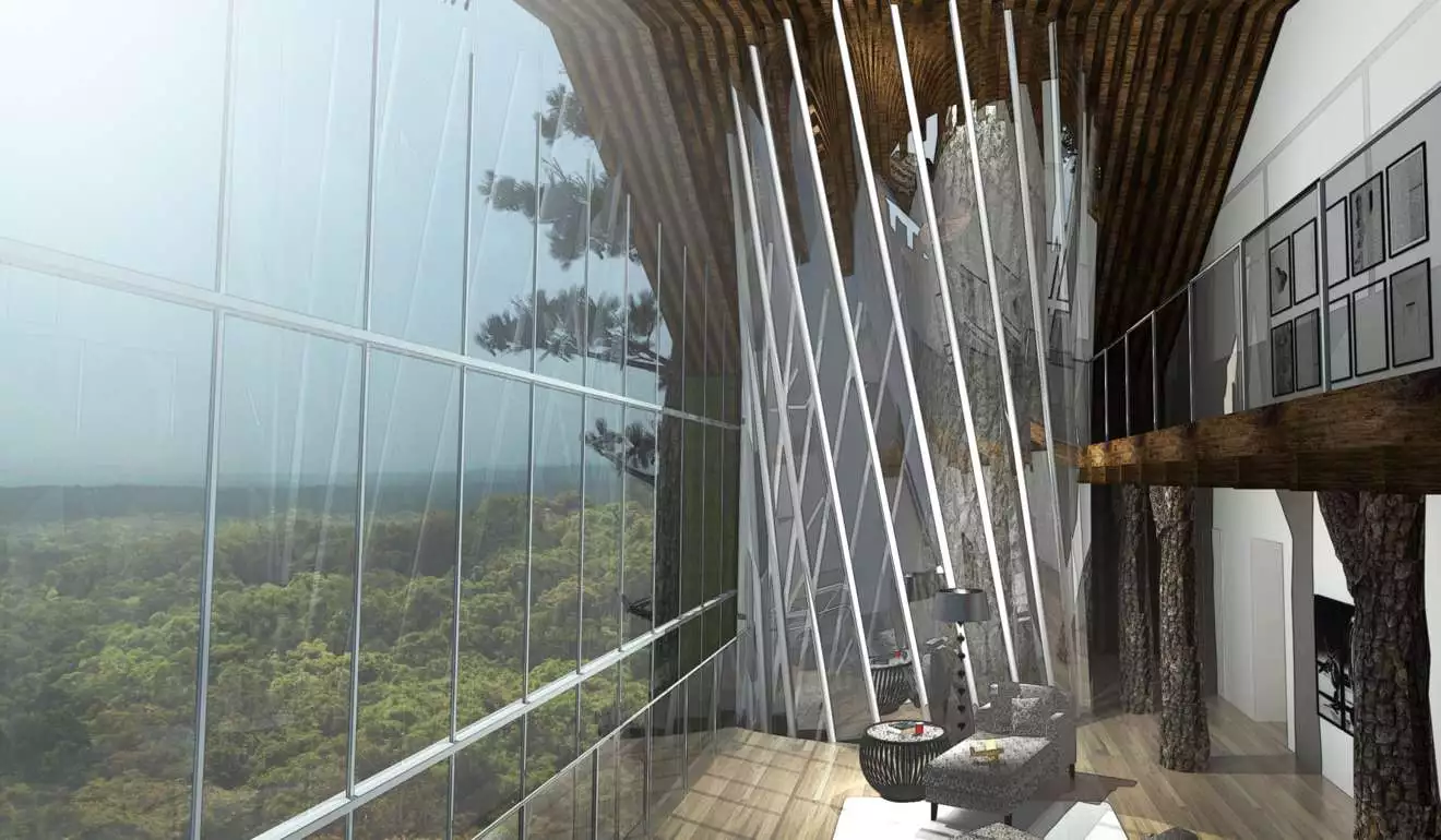 The interior of the eco-treehouse maintains a comfortable temperature with well-insulated floors, exterior walls covered in climbing plants, and by making use of the tree's natural metabolic processes