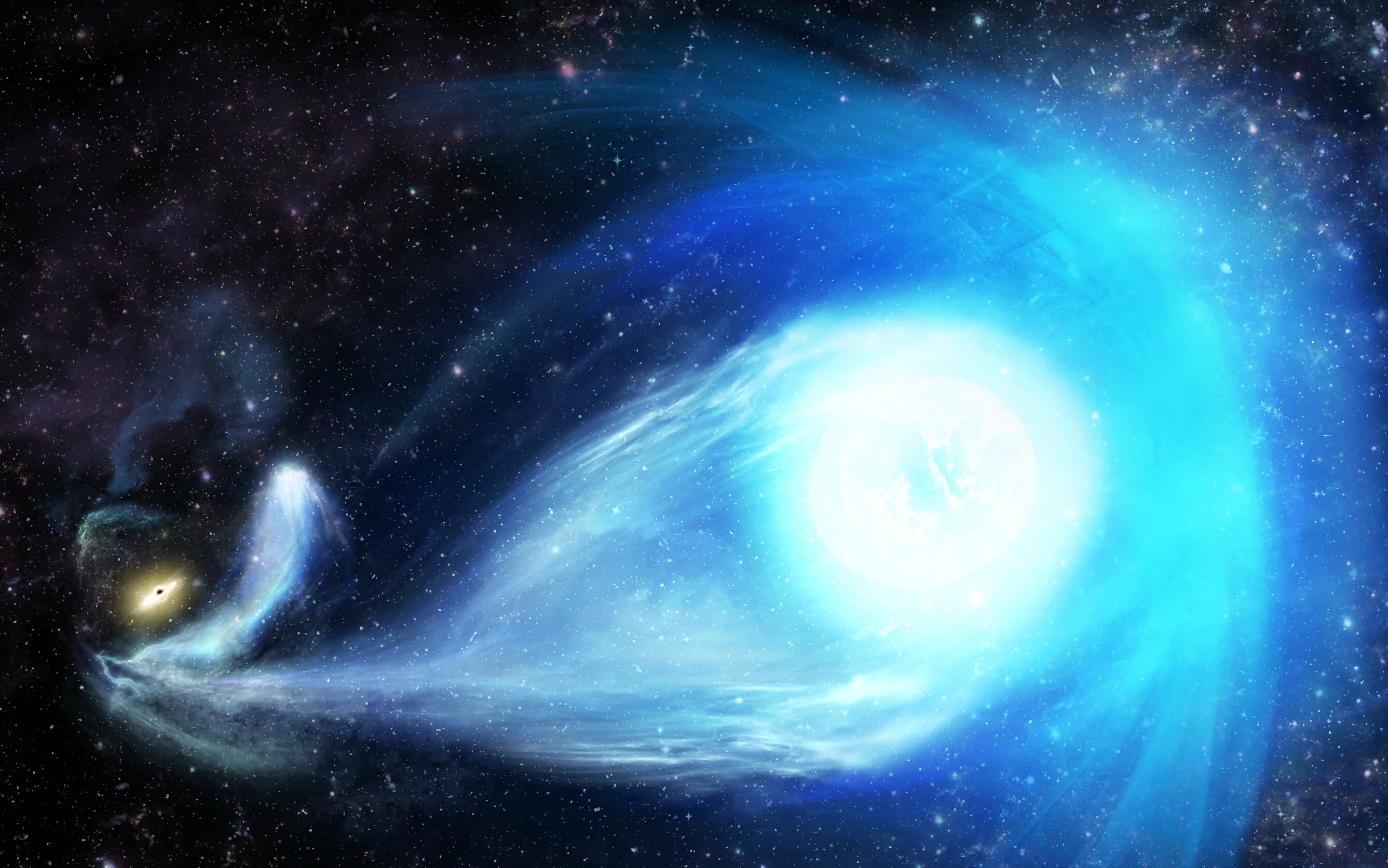 An artist's rendition of a hypervelocity star, being ejected away from a supermassive black hole
