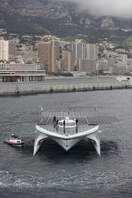 The TURANOR PlanetSolar, as it enters Monaco's Hercule Harbor