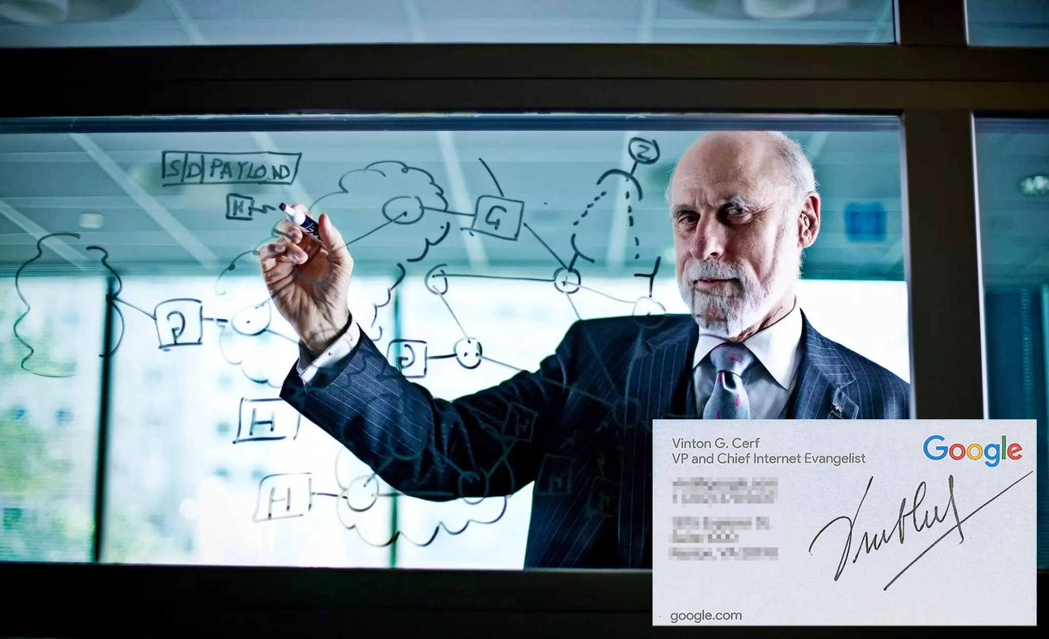 Vinton Cerf (born June 23, 1943) is one of "the fathers of the Internet," sharing this title with TCP/IP co-developer Robert Kahn. Recognition for his ongoing contributions to the greater good already include the National Medal of Technology, the Turing Award, the Presidential Medal of Freedom and the Marconi Prize! A treasure trove of 42 Vinton Cerf Vint autographs, sketches, signed photos, and business cards sold for $1,880 at RRAuction in January 2025.