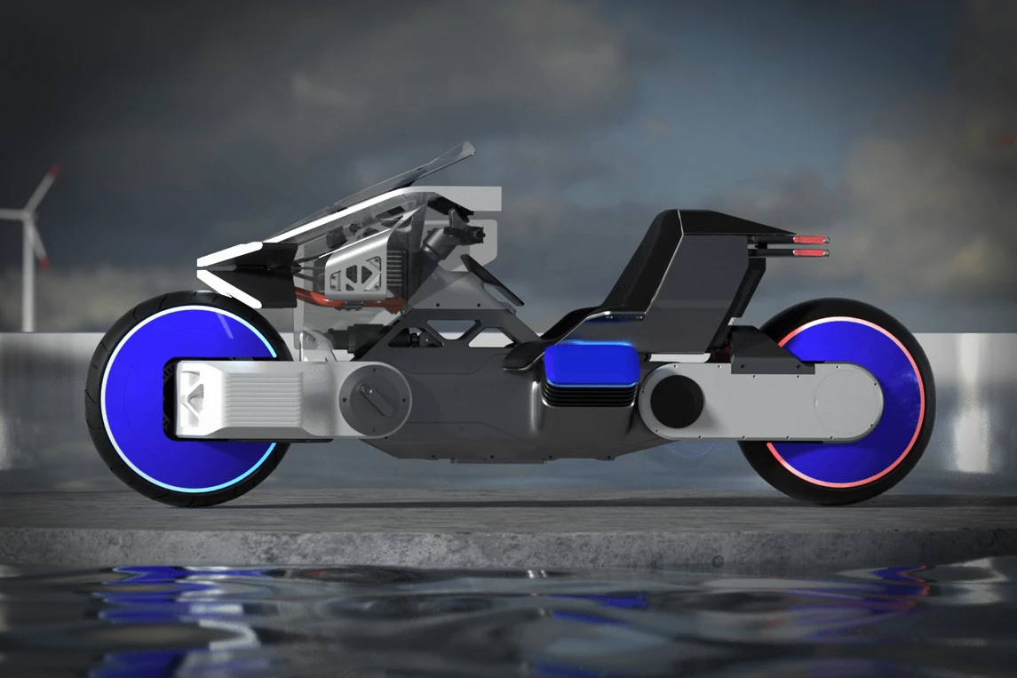 The Senmenti X concept places swingarms at the front and rear. The rider's feet appear to rest behind the swingarm pivots