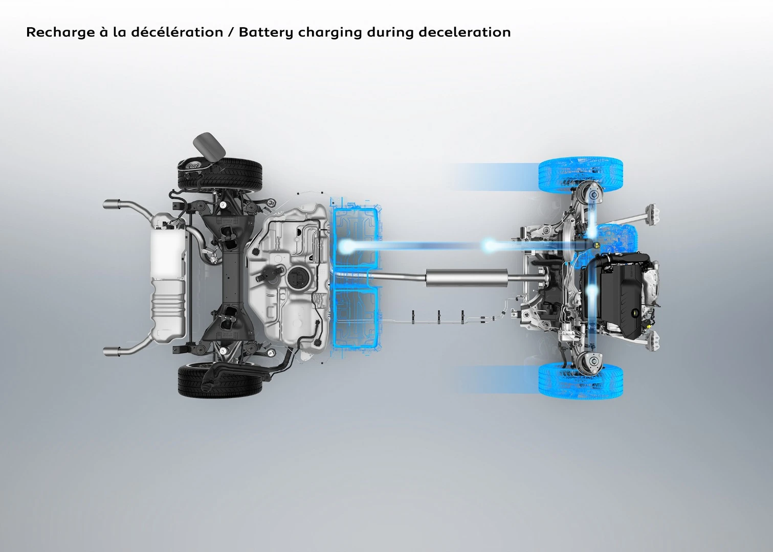 This graphic depicts regenerative braking as the vehicle slows and uses the kinetic energy to produce electricity to store in its batteries