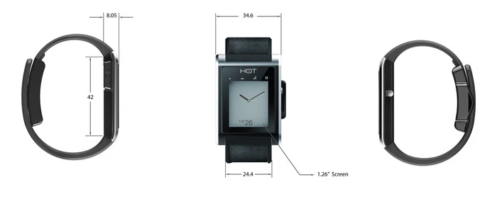 A basic HOT Watch measures just 34 x 42 x 8 mm (1.3 x 1.7 x 0.3 in), with a Sharp 1.26-inch E-paper display on the front