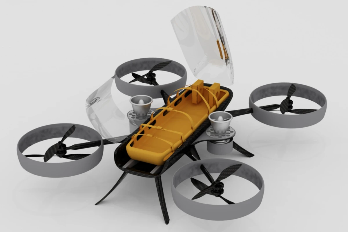 The drone ambulance concept designed to autonomously carry a single injured passenger