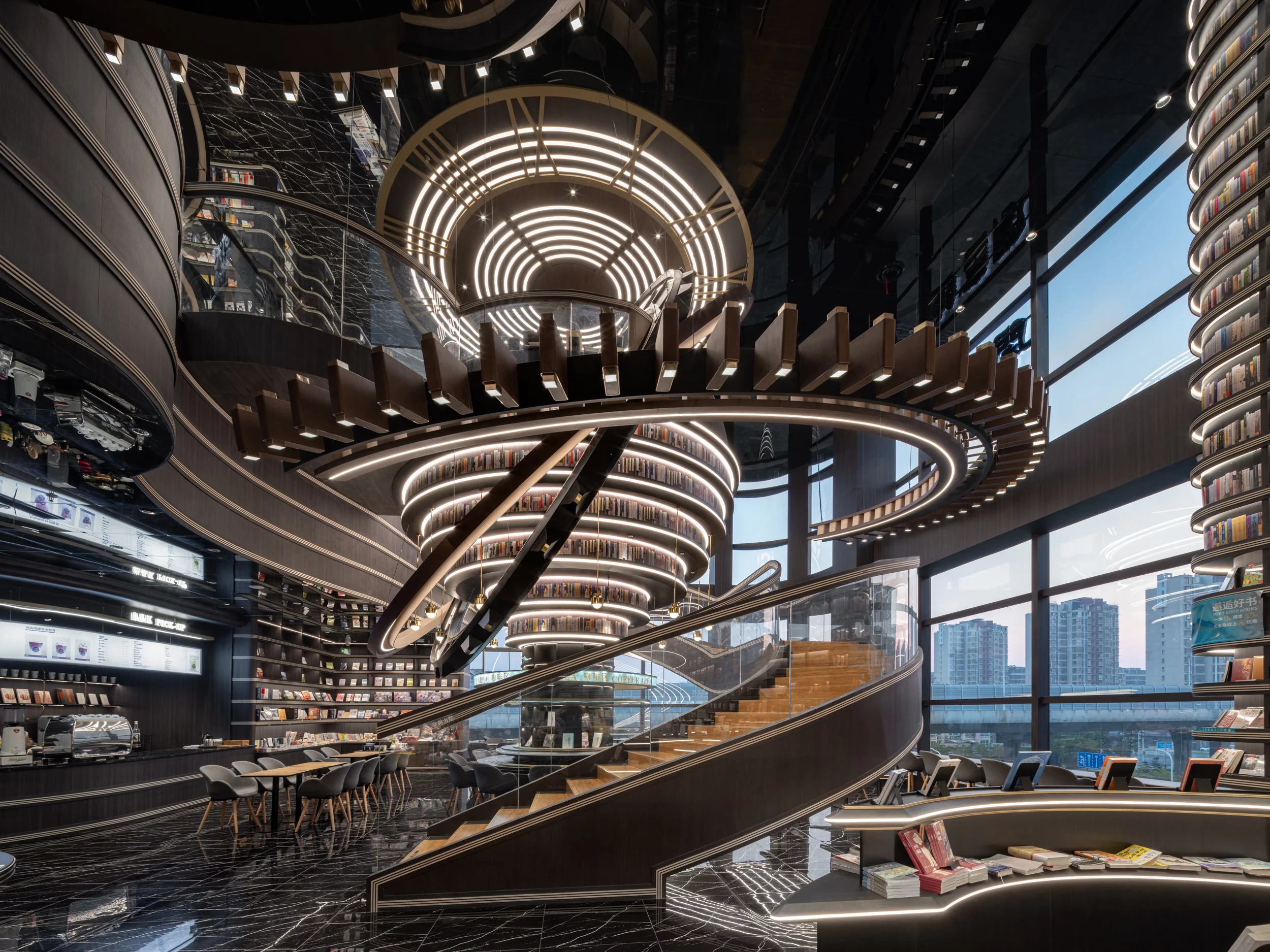 The Huai'an Zhongshuge bookstore's rings are illuminated with intricate circular lighting