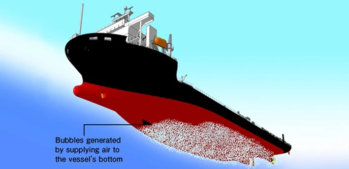 The Mitsubishi Air Lubrication System (MALS) pumps air bubbles onto the bottom of a ship's hull to reduce friction